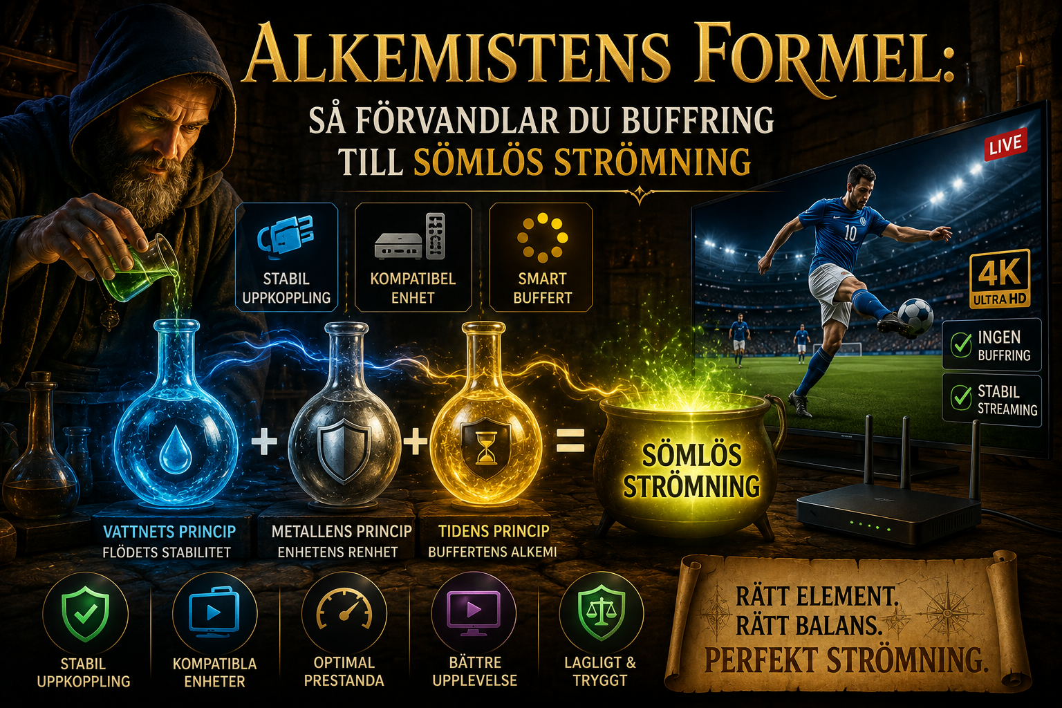 Fantasyinspirerad thumbnail där en alkemist kombinerar stabil uppkoppling, kompatibel enhet och smart buffert för att förvandla buffring till sömlös 4K-strömning på en TV.