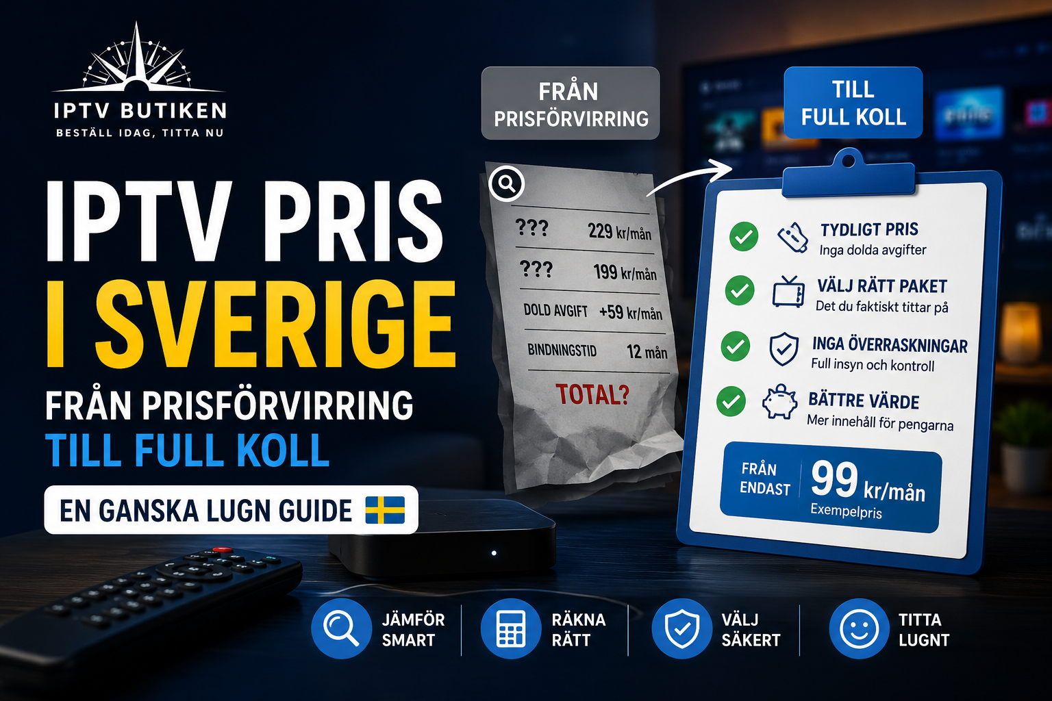 Thumbnail om IPTV-priser i Sverige med IPTV Butiken-logotyp, en oklar prislista med dolda avgifter och en tydlig checklista som visar hur man jämför paket, kostnader och villkor.