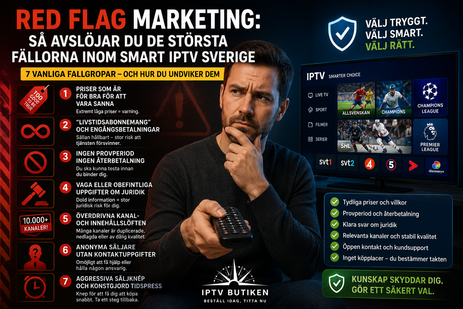 Thumbnail om red flag marketing inom Smart IPTV Sverige med sju varningssignaler, en tveksam konsument, röda riskikoner och en tryggare IPTV-lösning med tydliga priser, villkor och support.